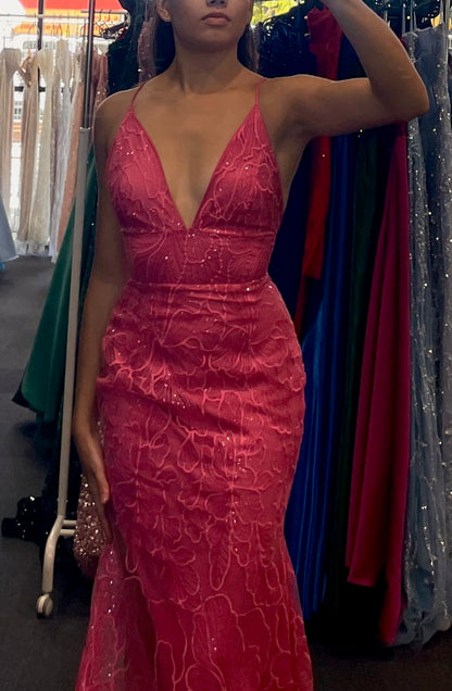 Beautiful Pink Mermaid Spaghetti Strap V-Neck Lace Long Prom Dress Evening Dress cc5182