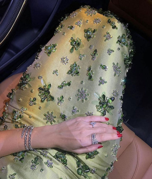 Luxurious Avocado Green Slim-Fit Spaghetti Strap Crystal Satin Prom Dress Evening Dress cc5184