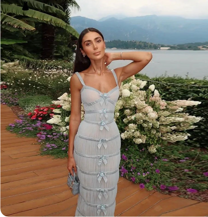 Elegant Light Slate Blue Slim-Fit Spaghetti Strap Bow Tulle  Prom Dress Evening Dress cc5185