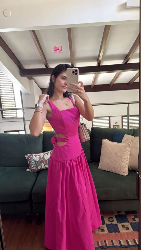 Vibrant Hot Pink A-Line Strap Square Neck Cutout Long Prom Dress Evening Dress cc5188
