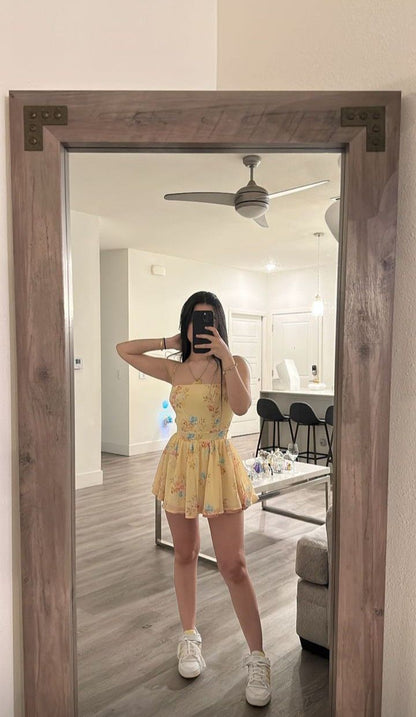 Sweet Yellow Printed Open Back Mini Chiffon 16th Birthday Homecoming Dress cc4491