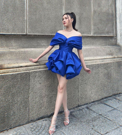 Elegant Royal Blue One-shoulder Waisted Satin Birthday Party Homecoming Dress cc4492