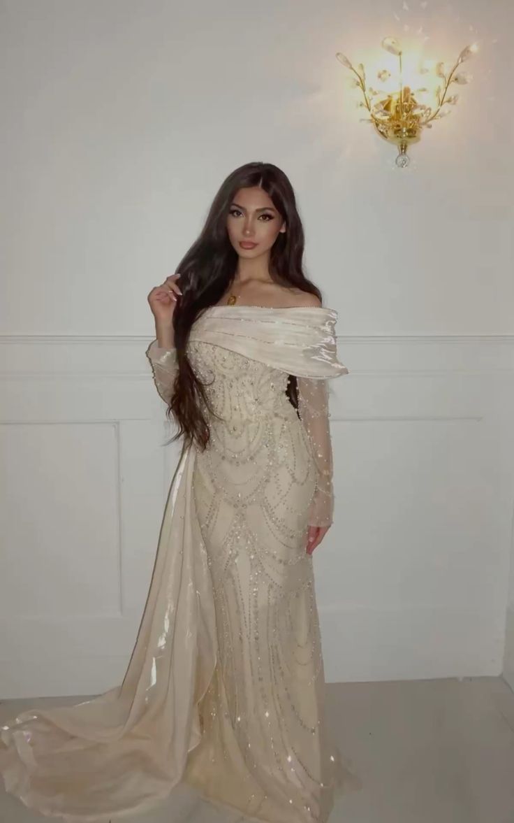 Elegant Beige Mermaid Off-the-Shoulder Beaded Tulle Satin Train Prom Dress Evening Dress cc5192