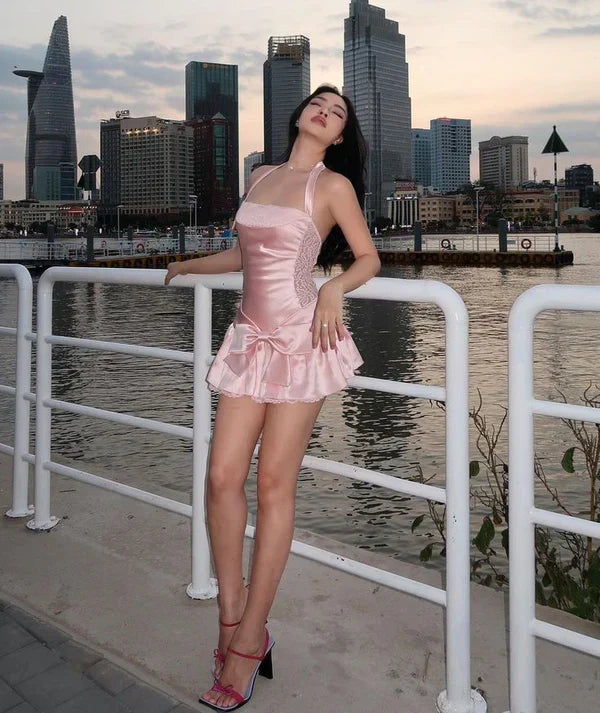 Sweet Pink Halter Neck Lace Bow Mini Satin 16th Birthday Homecoming Dress cc4493