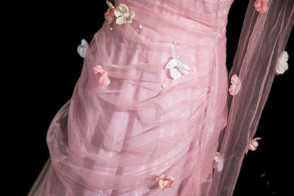 Elegant Light Pink A-Line Strapless 3D Floral Tulle Long Prom Dress Evening Dress cc5196