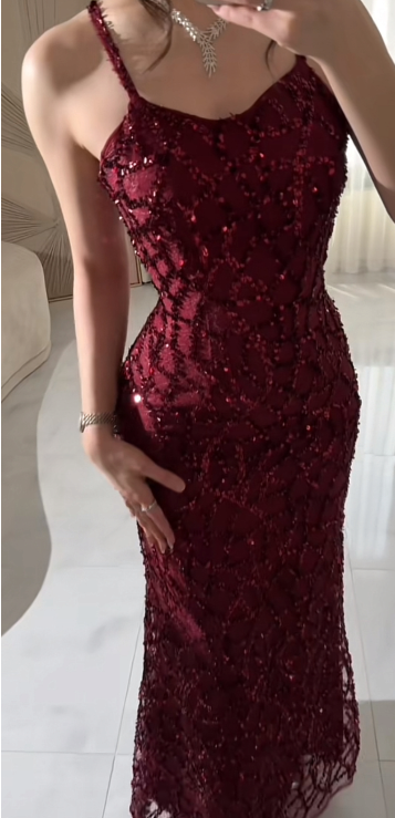 Luxurious Burgundy Mermaid Spaghetti Strap Sequin Tulle Long Prom Dress Evening Dress cc5199