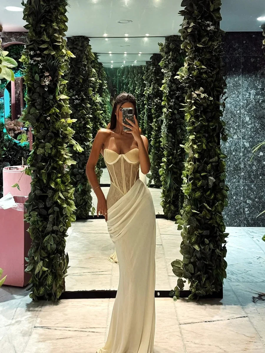 Gorgeous Pale Yellow Mermaid Sweetheart Neck Sheer Tulle Satin Long Prom Dress Evening Dress cc5201