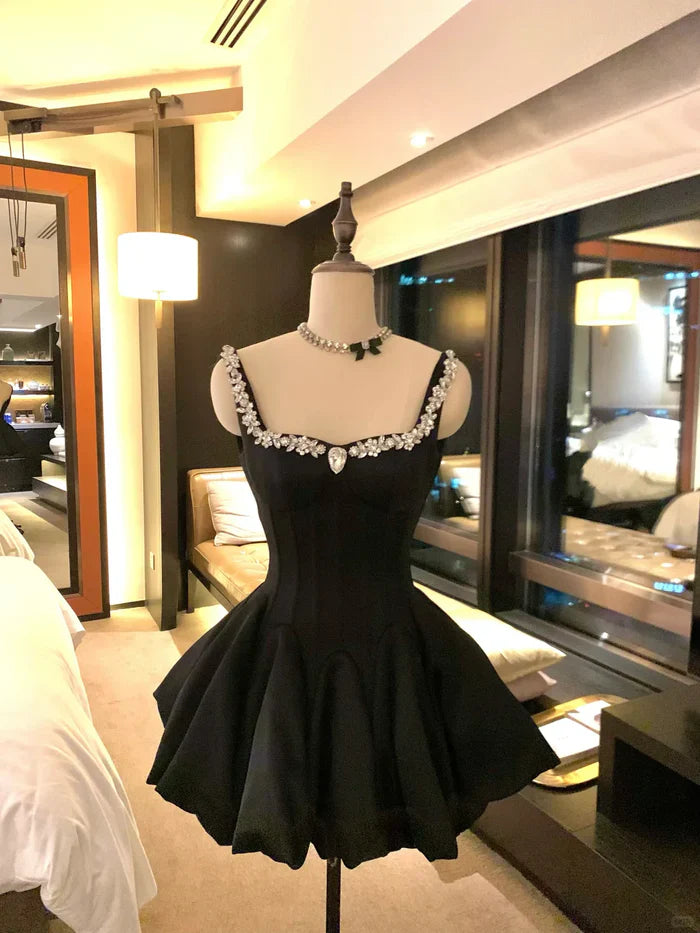 Sweet Black Strap Rhinestone Waist Bud Satin 16th Birthday Homecoming Dress cc4502
