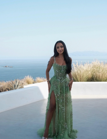 Gorgeous Green A-Line Spaghetti Strap Square Neck High-Slit Beaded Tulle Long Prom Dress Evening Dress cc5202