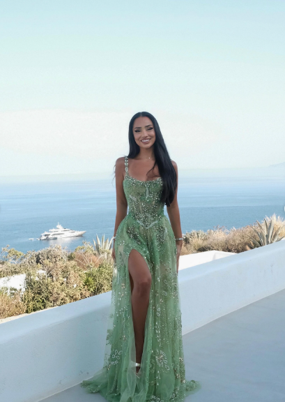 Gorgeous Green A-Line Spaghetti Strap Square Neck High-Slit Beaded Tulle Long Prom Dress Evening Dress cc5202