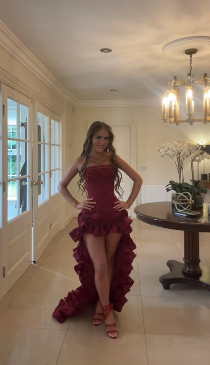 Elegant Burgundy Strapless Slim-Fit High-Low Hem Satin Prom Dress Evening Dress cc5206