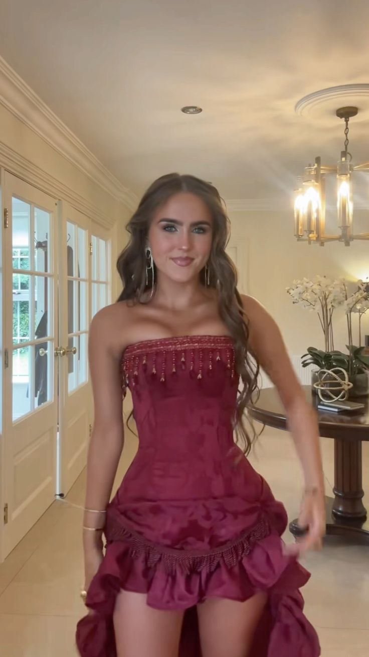 Elegant Burgundy Strapless Slim-Fit High-Low Hem Satin Prom Dress Evening Dress cc5206