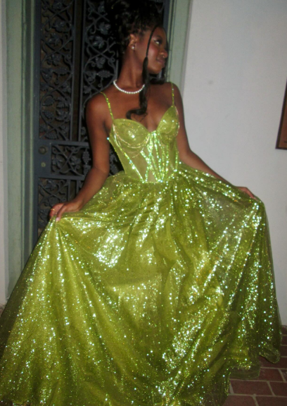 Glamorous Bright Green A-Line Spaghetti Strap Deep V Sequin Tulle Long Prom Dress Evening Dress cc5208