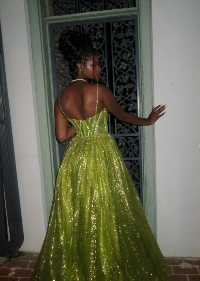 Glamorous Bright Green A-Line Spaghetti Strap Deep V Sequin Tulle Long Prom Dress Evening Dress cc5208