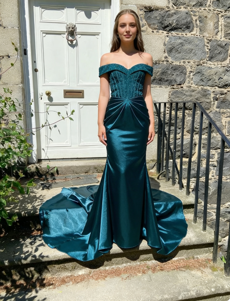 Elegant Deep Peacock Blue Mermaid Off-the-Shoulder Satin Train Prom Dress Evening Dress cc5210