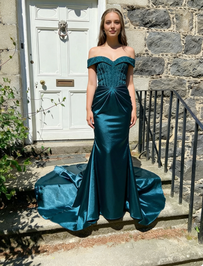 Elegant Deep Peacock Blue Mermaid Off-the-Shoulder Satin Train Prom Dress Evening Dress cc5210