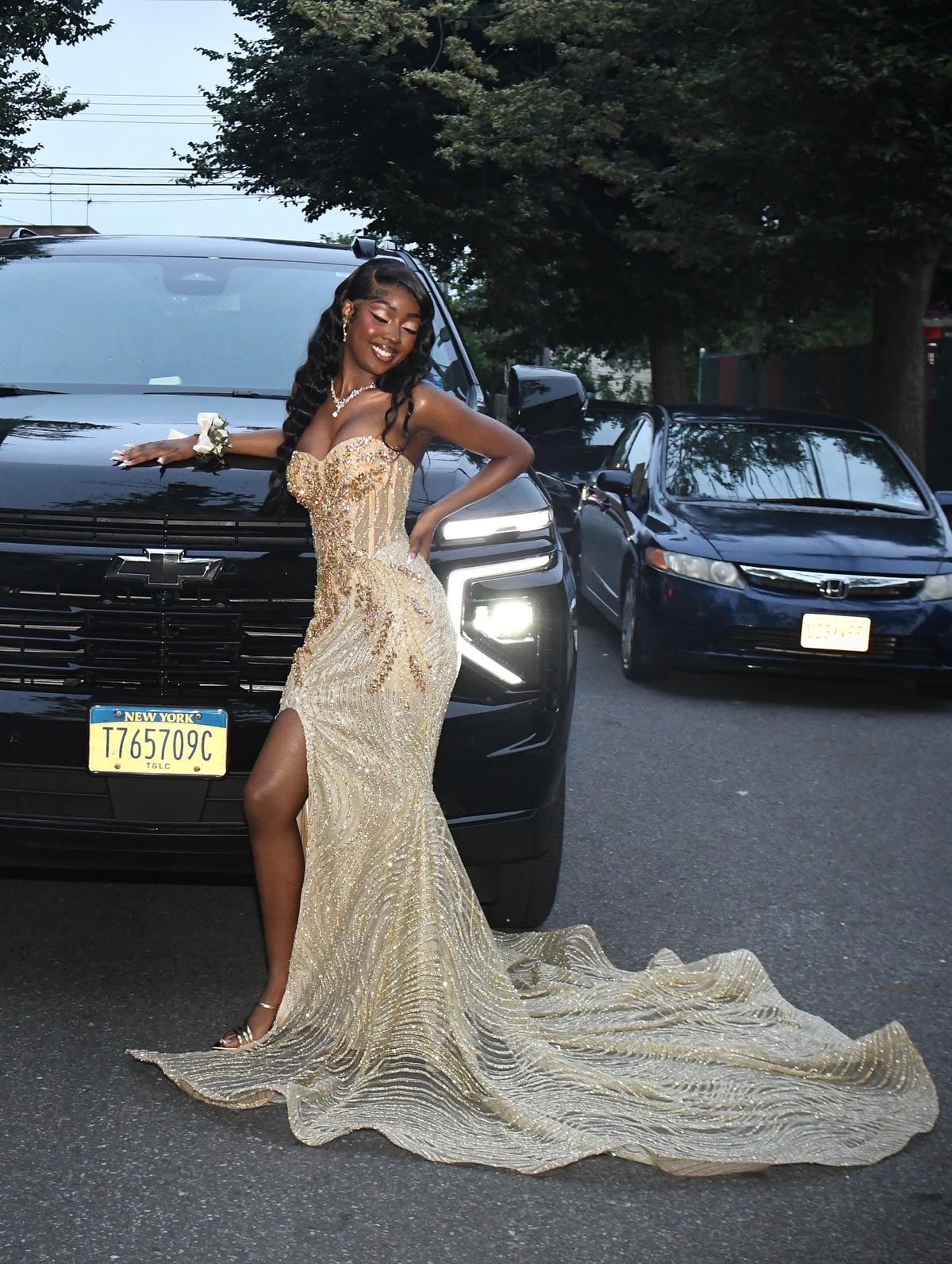 Luxurious Champagne Gold Mermaid Sweetheart Neck High-Slit Sequin Tulle Train Prom Dress Evening Dress cc5211