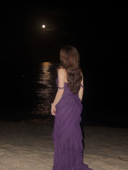 Elegant Deep Purple Slim-Fit Off-the-Shoulder High-Slit Ruched Texture Chiffon Long Prom Dress Evening Dress cc5212