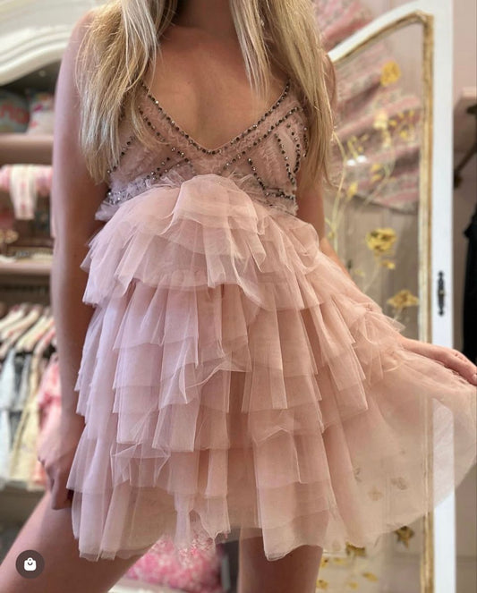 Gorgeous Pink V-neck Diamond Multi-layer Mesh Ruffle A-line Birthday Party Homecoming Dress cc4513