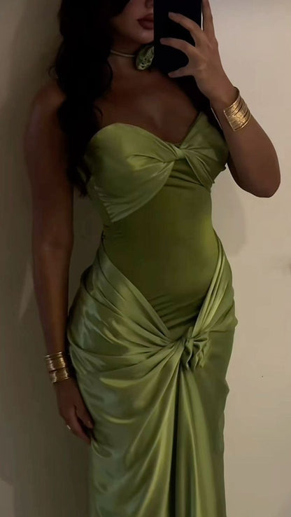 Sexy Olive Green Mermaid Sweetheart Neck Knot Satin Long Prom Dress Evening Dress cc5213