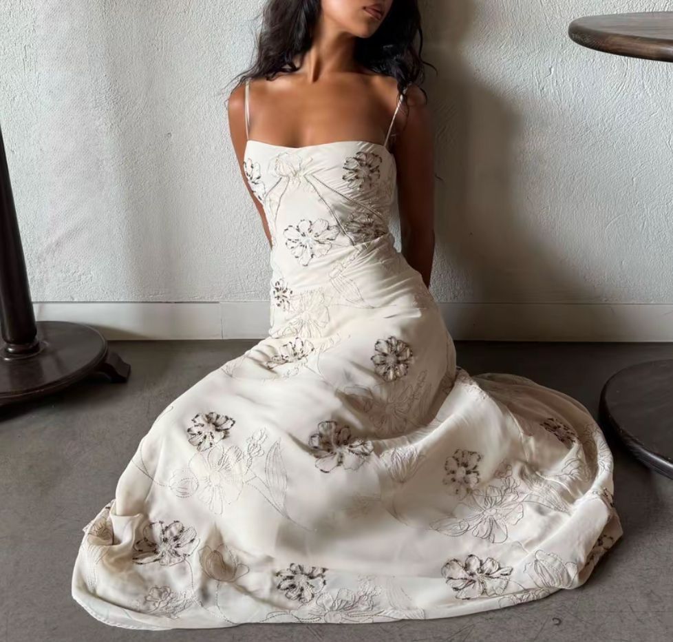 Elegant Ivory Slim-Fit Spaghetti Strap Floral Tulle Long Prom Dress Evening Dress cc5217