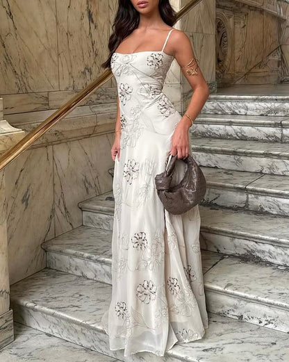 Elegant Ivory Slim-Fit Spaghetti Strap Floral Tulle Long Prom Dress Evening Dress cc5217