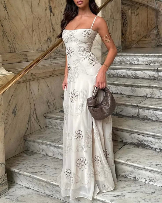 Elegant Ivory Slim-Fit Spaghetti Strap Floral Tulle Long Prom Dress Evening Dress cc5217
