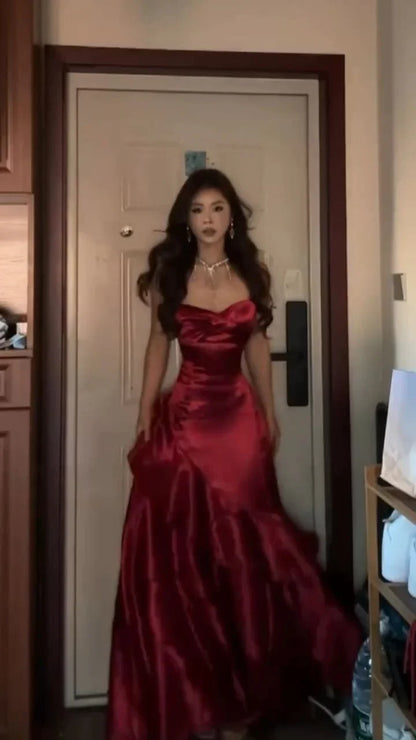 Vintage Elegant Burgundy Mermaid Ruffled Satin Long Prom Dress Evening Dress cc5219