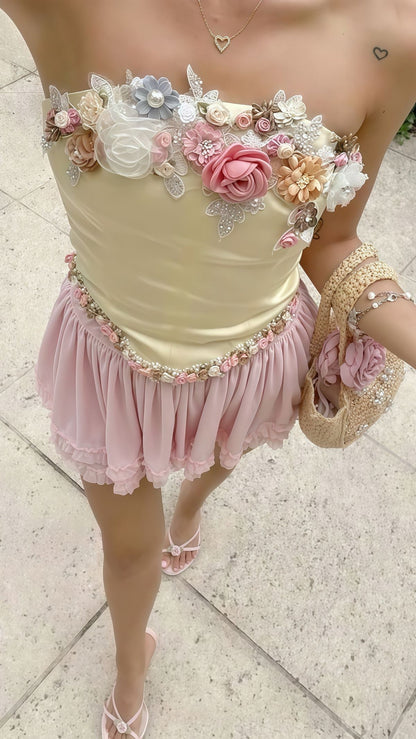 Sweet Yellow And Pink Color Matching Tube Top Three-dimensional Flower Chiffon 16th Birthday Homecoming Dress cc4052