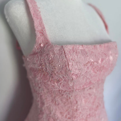 Sweet Pink Square Neck Lace Pattern Sequins Slim Fit 16th Birthday Homecoming Dress cc4522