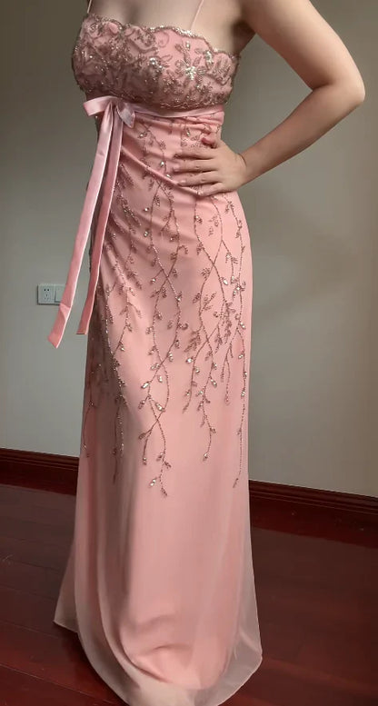 Elegant Pink Slim-Fit Spaghetti Strap Beaded Embroidery Leaf Bow Chiffon Long Prom Dress Evening Dress cc5223