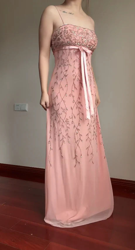 Elegant Pink Slim-Fit Spaghetti Strap Beaded Embroidery Leaf Bow Chiffon Long Prom Dress Evening Dress cc5223