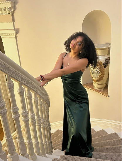 Elegant Dark Green Slim-Fit Camisole Ruched Slit Satin Long Prom Dress Evening Dress cc5227