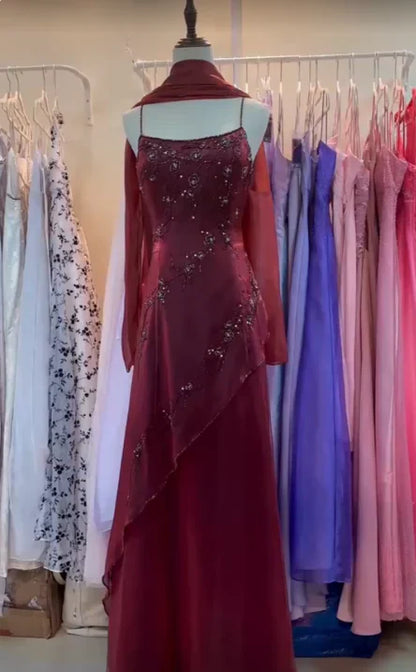 Vintage Burgundy Slim-Fit Camisole Beaded Embroidery Floral Branch Satin Long Prom Dress Evening Dress cc5228