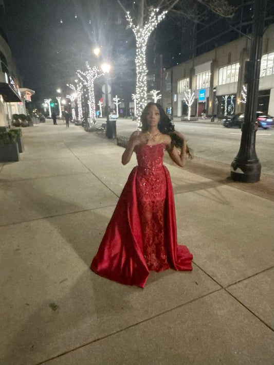 Gorgeous Red Slim-Fit Strapless Lace Satin Detachable Train Long Prom Dress Evening Dress cc5229