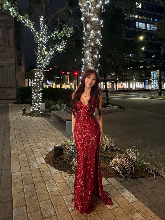 Shiny Burgundy Mermaid Deep V-Neck Camisole Slit Sequin Long Prom Dress Evening Dress cc5230