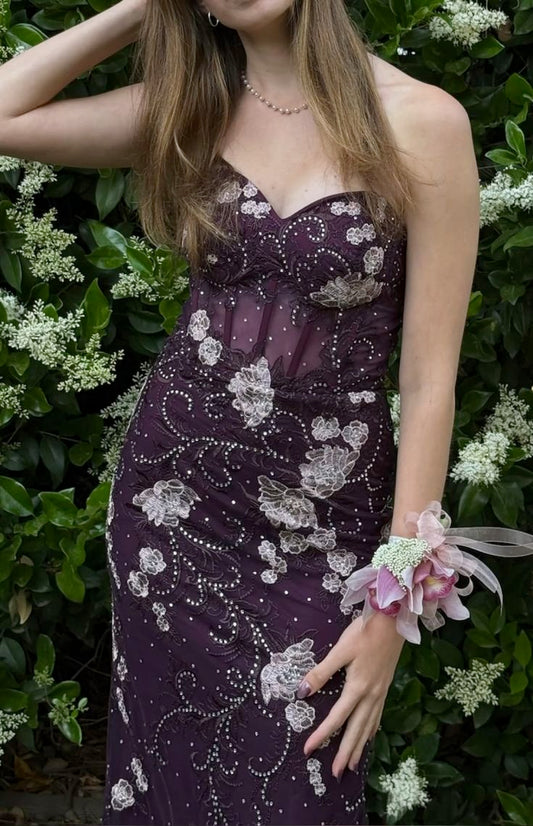 Elegant Deep Purple Mermaid Strapless 3D Embroidery Sheer Tulle Long Prom Dress Evening Dress cc5231