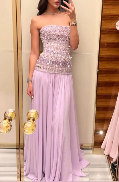 Gorgeous Lavender A-Line Strapless Beaded Chiffon Long Prom Dress Evening Dress cc5236