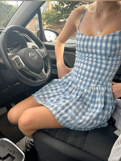 Fresh Blue And White Plaid Suspender A-line 16th Birthday Homecoming Dress cc4537
