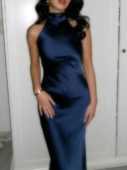 Sexy Navy Blue Slim-Fit Halter Backless Satin Long Prom Dress Evening Dress cc5240