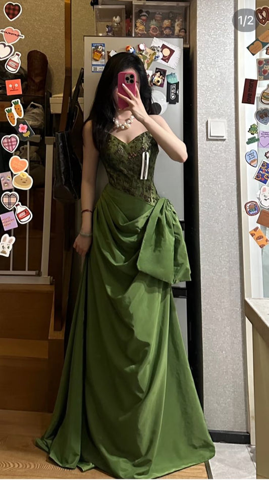 Vintage Royal Green A-Line Strapless Ruched Satin Long Prom Dress Evening Dress cc5244
