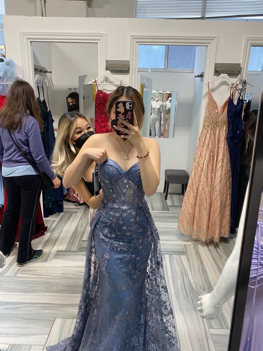 Elegant  Haze Blue Mermaid Strapless Lace Tulle Train Prom Dress Evening Dress cc5245