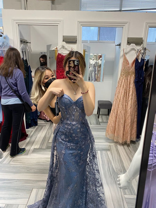 Elegant  Haze Blue Mermaid Strapless Lace Tulle Train Prom Dress Evening Dress cc5245