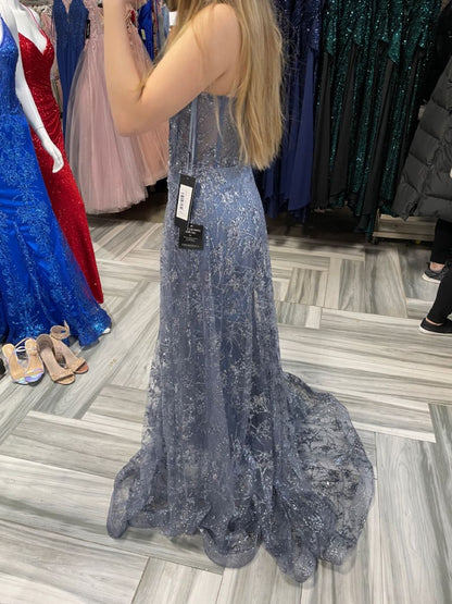 Elegant  Haze Blue Mermaid Strapless Lace Tulle Train Prom Dress Evening Dress cc5245