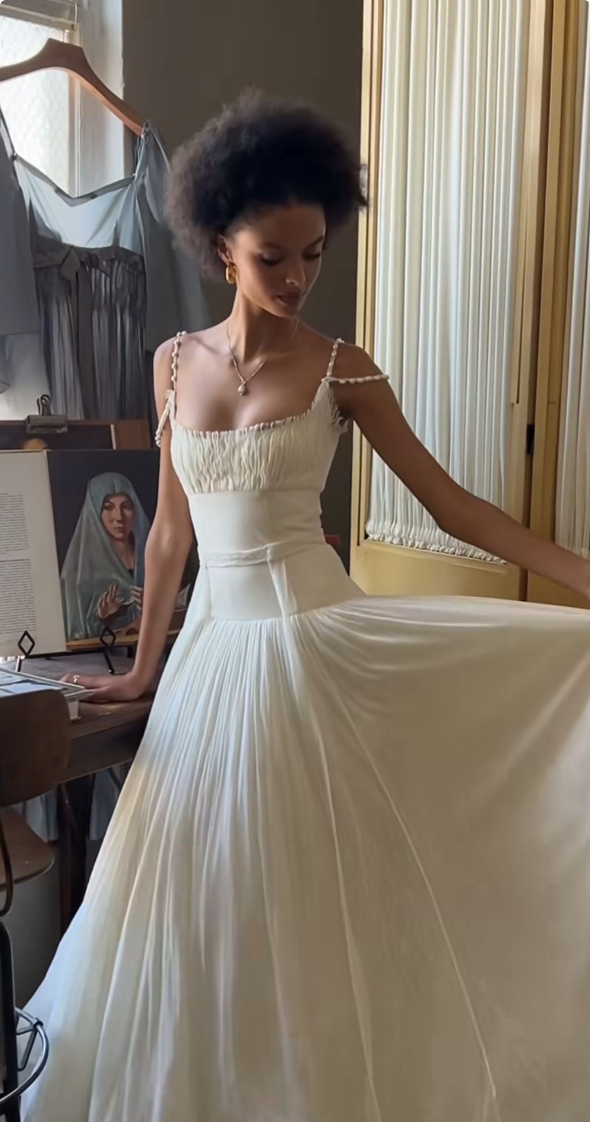 Vintage Elegant Ivory A-Line Spaghetti Strap Square Neck Tulle Long Prom Dress Evening Dress cc5248