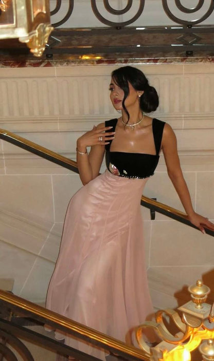 Elegant Black & Pink Color Block A-Line Velvet Chiffon Long Prom Dress Evening Dress cc5249