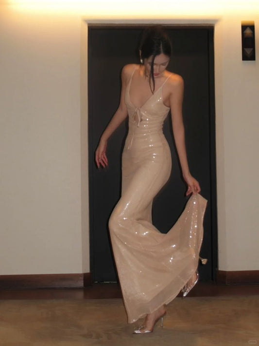 Sexy Shining Nude Apricot Mermaid Deep V Spaghetti Strap Sequin Long Prom Dress Evening Dress cc5251