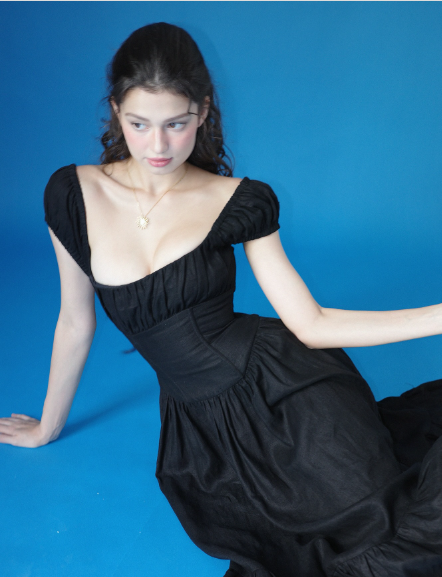 Vintage Elegant Black A-Line Square Neck Linen Cotton Prom Dress Evening Dress cc5252