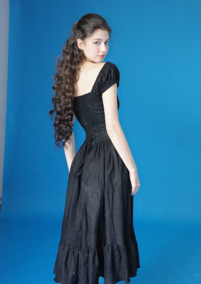 Vintage Elegant Black A-Line Square Neck Linen Cotton Prom Dress Evening Dress cc5252