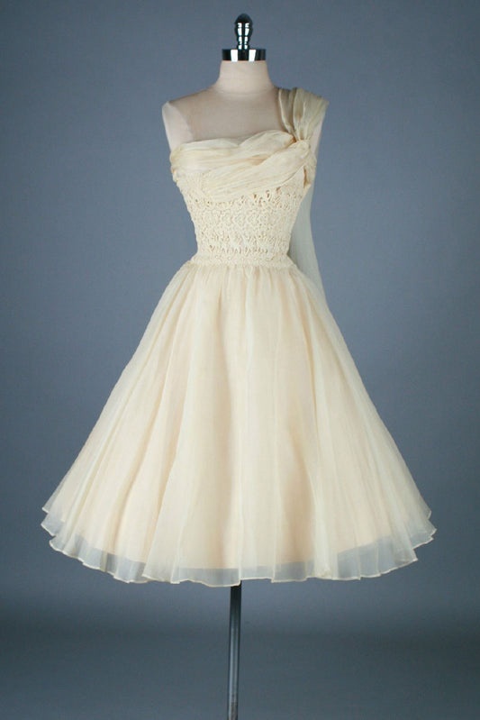 Vintage Ivory One-shoulder Collar Lace Pattern Ribbon Tulle A-line Birthday Party Homecoming Dress cc4553